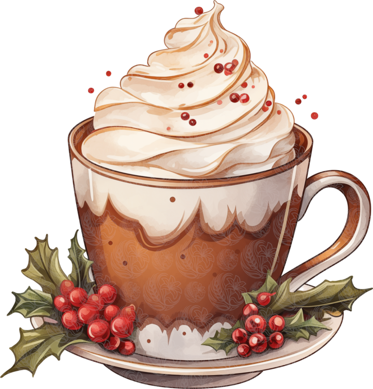 hot chocolate mug topped with swirled whipped cream, red sprinkles, and holly berries on saucer, Grey Barn Handwerk, Saskatchewan.